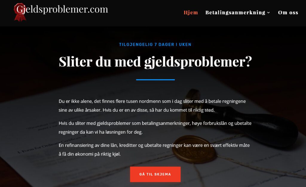 Her er gjeldsproblemer.com sin forside. Tittelen gir et tydelig budskap om hva siden handler om, og det er en kort ingress under tittelen. nedover på siden finner man tips og forslag til hvordan bedre økonomien, samt et skjema man kan fylle ut for å søke om refinansiering av lånene sine.